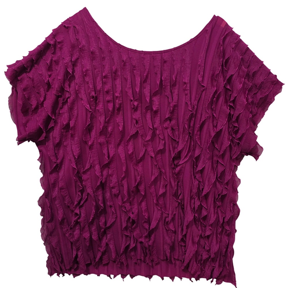 Allison Taylor Woman Magenta Purple Ruffle Textured Blouse 1X Short Sleeve Top